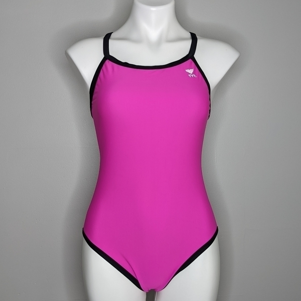 ✨3/$15 TYR Diamond Fit black pink reversible competitive swim suit XXS/XS